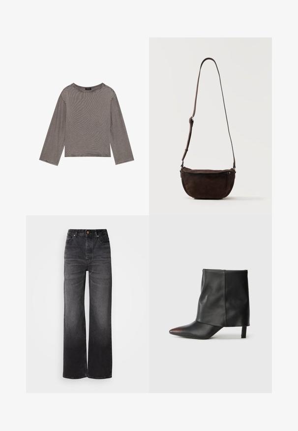 Grå langærmet top lavet af letvægtsstof med en løs pasform, der har en rund halsudskæring og rå kantdetaljer.; Sorte afslappede jeans med høj talje, fem lommer, knaplukning og en subtil falmet tekstur. Tyk stof med en struktureret pasform.; Sort ankelstøvle lavet af glat læder med spids tå og tilspidset hæl. Overdelen har et let rynket design.; Mørkebrun ruskind skuldertaske med justerbar rem og frontlynlås-lomme, stående mod en ensfarvet lys baggrund.