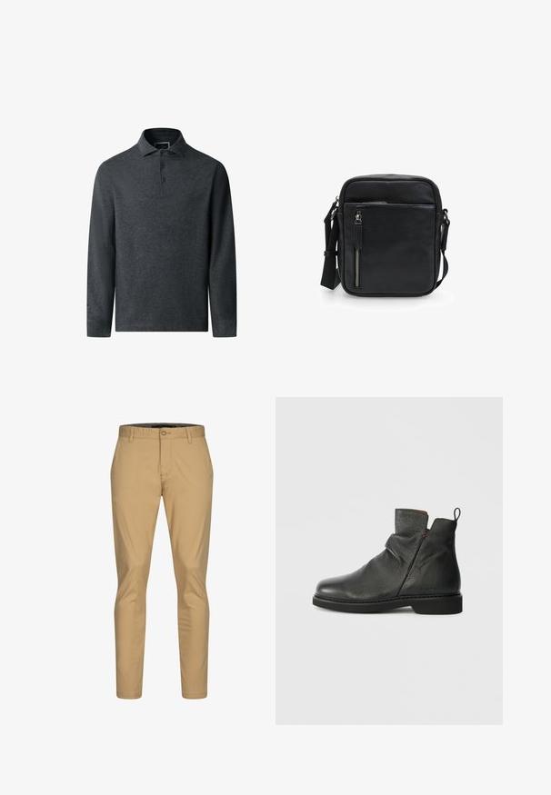 Mørkegrå langærmet polo skjorte med struktureret stof, krave og tre-knaps placket. Har en lige kant og diskret syning.; Beige chinos med slim fit, lavet af letvægtsbomuld, med en standard talje, knaplukning og forlommer.; Sorte læder ankelstøvler med rund tå, slouch-design, bageste trækflap og flad gummisål. Minimalistiske syninger er til stede.; Kompakt sort læder crossbody-taske med lynlåslomme foran og justerbar rem på ensfarvet hvid baggrund.