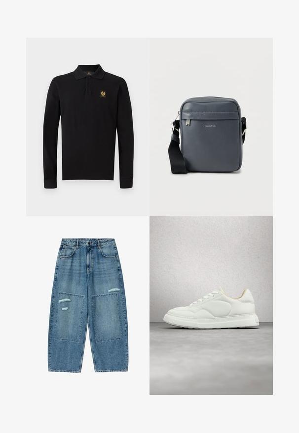 Sort langærmet polo-shirt lavet af bomuld. Har en klassisk krave, tre-knaps placket og et gyldent emblem på venstre bryst.; Blå jeans med høj talje og vidde ben, med store lapper på knæene og to slidte områder på forsiden af lårene.; Hvid lædersneaker med snørebånd, hævet over poleret gråt gulv, med glasblokvæg og cylindrisk søjle i baggrunden.; Grå lædertaske med tværrem, lynlås lukning, fladt frontlomme, logo detalje, justerbar sort rem og glat tekstur.