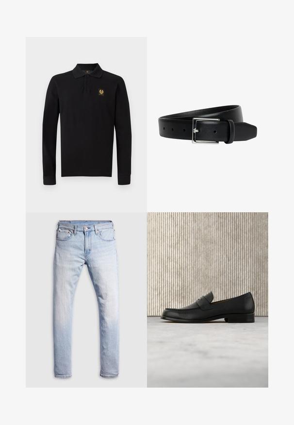 Sort langærmet polo-shirt lavet af bomuld. Har en klassisk krave, tre-knaps placket og et gyldent emblem på venstre bryst.; Lys blå denim jeans med lige pasform, fem lommer og knaplukning. Stoffet har en falmet tekstur med lette farvevariationer.; Sort lædersko i loafer-stil svæver over et beige tæppe med et blankt brunt rundt bord i baggrunden.; Sort læderbælte med en glat tekstur, rektangulær sølv metalspænde og flere justeringshuller. Ender skarpt skåret.