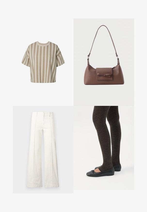 T-shirt ample à manches courtes à rayures verticales beige et blanc avec un col rond sur fond blanc.; Pantalon blanc taille haute à jambes larges avec coutures avant et passants pour ceinture, présenté sur un fond clair uni.; Jambes portant des leggings côtelés foncés associés à des ballerines noires avec de petits détails en nœud sur fond blanc.; Sac à bandoulière en cuir marron avec une poche à rabat avant ornée d'un détail en forme de nœud cousu et une sangle réglable.