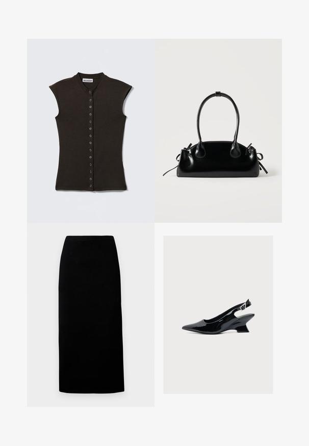 Haut noir sans manches avec boutons-pression métalliques sur le devant, encolure ronde, étiquette "WEEKDAY" à l'intérieur du col.; Jupe midi noire en tissu doux, avec une coupe droite et une taille élastique, présentant une texture lisse sans motifs ni accents visibles.; Chaussure slingback en cuir verni noir avec bout pointu et petit talon bloc incliné sur fond blanc.; Petit sac à main noir brillant avec deux longues anses et des détails à cordon sur les côtés sur un fond clair uni.