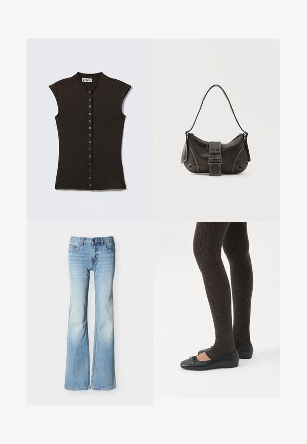 Haut noir sans manches avec boutons-pression métalliques sur le devant, encolure ronde, étiquette "WEEKDAY" à l'intérieur du col.; Jean denim bleu clair taille haute avec jambes évasées, poches avant et fermeture à bouton et fermeture éclair, présenté sur un fond blanc.; Jambes portant des leggings côtelés foncés associés à des ballerines noires avec de petits détails en nœud sur fond blanc.; Sac à épaule en cuir noir avec une sangle à boucle, des bords arrondis et des coutures blanches contrastées sur un fond uni.