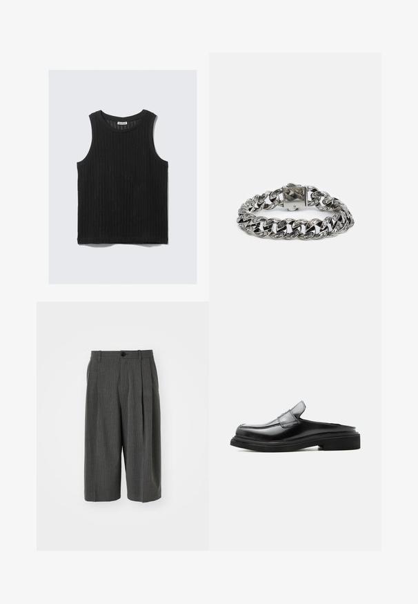 Haut noir sans manches en tissu côtelé texturé. Présente un col arrondi et un ourlet droit. Design simple sans accents supplémentaires.; Shorts larges à rayures gris avec fermeture à bouton et plissé à l'avant. Fabriqués à partir d'un tissu texturé, présentant un design ajusté.; Mocassin en cuir noir avec talon ouvert, talon bas et coutures décoratives le long de la tige et de la semelle, présenté en profil latéral sur fond blanc.; Urban Classics MONUMENTAL BASIC BRACELET - Bracelet - silver-coloured