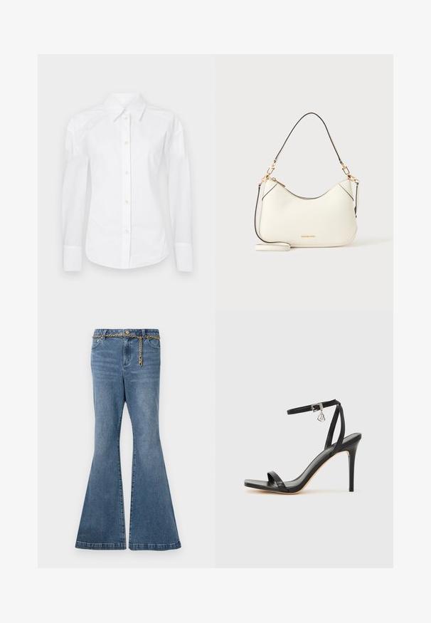 Hvid skjorte med knapper lavet af bomuld. Har en klassisk krave, lange ærmer og standard knappelukning med beige knapper. Glat tekstur.; Flared blå jeans i mellemvasket denim, med en guldkæde detalje i taljen og standard fem-lomme design.; Sort hæl-sandal med smal ankrem, firkantet tå-boks, glat lædermateriale og metalspænde som pynt.; Hvid skuldertaske i læder med guldfarvet hardware, sort kant og aftagelig rem. Michael Kors-logo i guld nederst i midten.