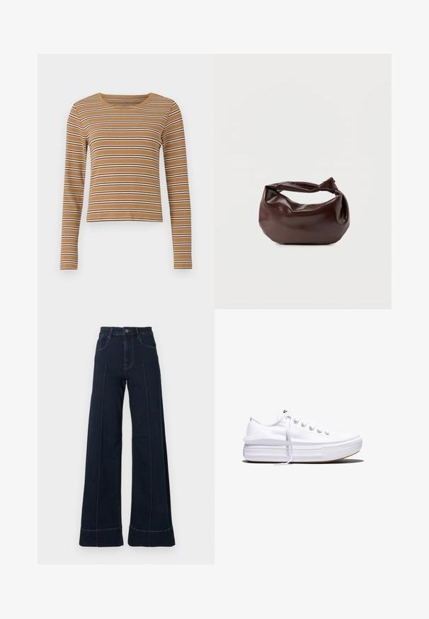 Haut marron à manches longues avec des rayures blanches et marron foncé horizontales, texture côtelée et encolure ronde, avec un design cropped.; Jean large bleu foncé à taille haute, avec des poches avant et des coutures visibles. Fabriqué en denim avec une texture lisse.; Baskets basses blanches en toile avec semelle plateforme épaisse, lacets sur le devant et embout en caoutchouc texturé, vues de profil.; Sac bandoulière en cuir marron foncé avec une forme souple et décontractée et une anse nouée torsadée sur un fond blanc uni.