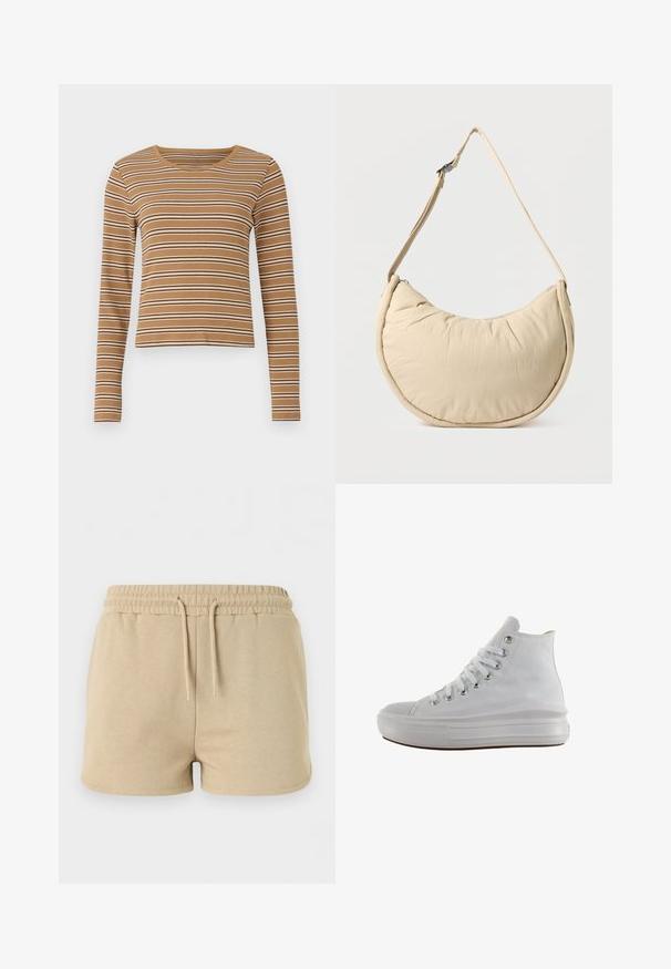 Top marrón de manga larga con franjas horizontales blancas y marrones oscuras, textura acanalada y escote redondeado, con un diseño corto.; Pantalones cortos de algodón beige con cintura elástica y cordón frontal, diseñados para uso informal.; Zapatilla de lona blanca de caña alta con cordones blancos, ojales metálicos, suela gruesa de goma y puntera texturizada, mirando hacia la izquierda sobre un fondo blanco.; Bolso de hombro beige en forma de media luna con una textura suave y acolchada. Cuenta con una correa ajustable y un cierre de cremallera en el borde superior.