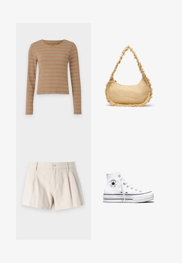 Top marrón de manga larga con franjas horizontales blancas y marrones oscuras, textura acanalada y escote redondeado, con un diseño corto.; Pantalones cortos de lino en un color beige claro, con un diseño plisado, cierre frontal de botón y un acabado suave y texturizado.; Zapatilla blanca de caña alta Converse Chuck Taylor All Star con parche de logo negro y cordones blancos, presentada sobre fondo blanco.; Bolso beige texturizado con forma redondeada, con un borde deshilachado a lo largo de los lados y una correa corta para llevar. Apertura con cremallera en la parte superior.