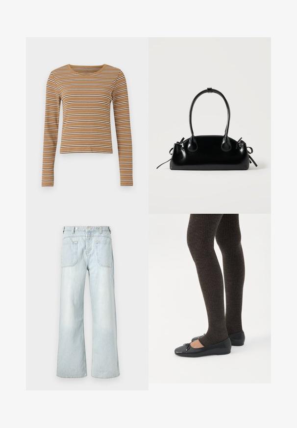 Haut marron à manches longues avec des rayures blanches et marron foncé horizontales, texture côtelée et encolure ronde, avec un design cropped.; Jean en denim bleu clair à jambes larges avec taille haute, deux poches arrière et décoloration subtile, avec des accents de couture en jaune.; Jambes portant des leggings côtelés foncés associés à des ballerines noires avec de petits détails en nœud sur fond blanc.; Petit sac à main noir brillant avec deux longues anses et des détails à cordon sur les côtés sur un fond clair uni.