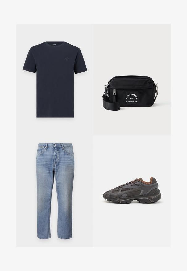 Camiseta de algodón navy con cuello redondo, mangas cortas y un pequeño logo de marca en gris en el lado izquierdo del pecho. Textura suave.; Vaqueros de mezclilla azul claro con corte recto, diseño de cinco bolsillos, costuras visibles y cierre de botón en la cintura.; Zapatillas Lacoste en gris oscuro con material de malla y sintético, que cuentan con una suela texturizada y detalles en marrón en el cuello y la marca.; Bolso cruzado de nylon negro con cierre de cremallera, correa ajustable y una etiqueta de marca blanca que presenta "Karl Lagerfeld Paris". Diseño compacto.