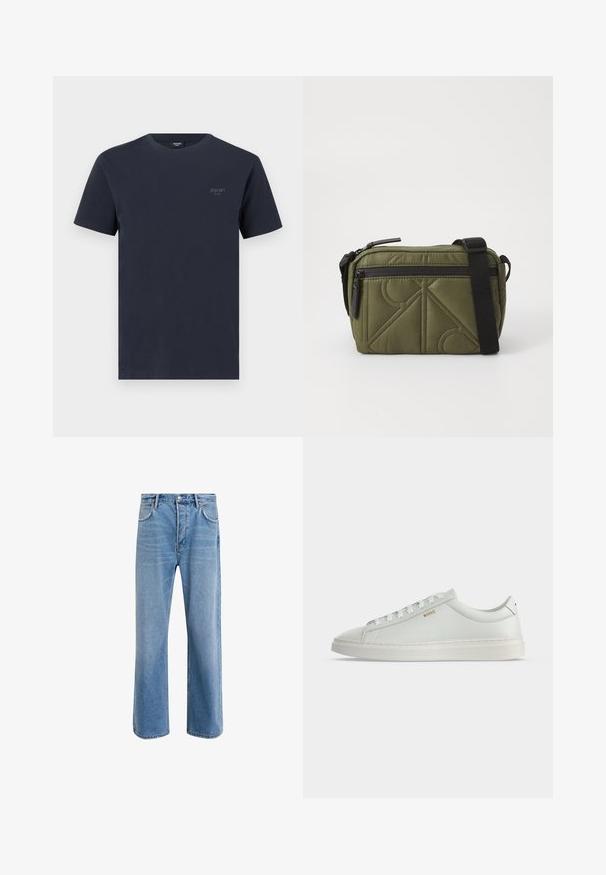 Marineblaues Baumwoll-T-Shirt mit Rundhalsausschnitt, kurzen Ärmeln und einem kleinen, grauen Markenlogo auf der linken Brust. Angenehme Textur.; Helle blaue Jeans im Geradeschnitt-Design, mit fünf Taschen, Knopfverschluss, minimaler Ausbleichung und kontrastierenden Nähdetails.; Weißer Leder-Sneaker in niedriger Ausführung mit Schnürsenkeln, flacher Sohle und kleinem goldfarbenem "BOSS" Logo an der Seite, von der Außenseite betrachtet.; Olivgrüner, gepolsterter Stoffbeutel mit einem schwarzen Tragegurt, ausgestattet mit einem oberen Reißverschluss und einer äußeren Reißverschlusstasche, die geometrische Musterakzente zeigt.