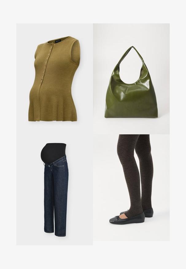 Haut de maternité sans manches en maille vert olive avec fermeture boutonnée devant et col rond, ajusté à la poitrine et fluide sur le ventre.; Jean de grossesse avec une ceinture extensible noire, tissu en denim bleu foncé, coupe à jambes larges, et style classique à cinq poches.; Jambes portant des leggings côtelés foncés associés à des ballerines noires avec de petits détails en nœud sur fond blanc.; Sac hobo en cuir vert au design décontracté, avec une poignée incurvée et une texture lisse. Ne contient aucun matériel ou accent visible.