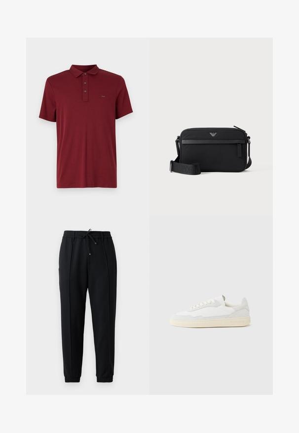 Michael Kors SLEEK NEW - Πόλο - bordeaux; Μαύρο παντελόνι τζόκινγκ με κορδόνι στη μέση, ελαστικές μανσέτες και στενή εφαρμογή. Φτιαγμένο από μαλακό, ελαστικό ύφασμα με λεία υφή.; Λευκό αθλητικό παπούτσι με επάνω μέρος από σουέτ και δέρμα με υφή. Διαθέτει στρογγυλή μύτη, κλείσιμο με κορδόνια και αντίθετη μπεζ καουτσούκ σόλα.; Μαύρη ορθογώνια τσάντα crossbody με μπροστινή τσέπη με φερμουάρ, ρυθμιζόμενο λουρί και μικρό μεταλλικό λογότυπο στο επάνω κέντρο.
