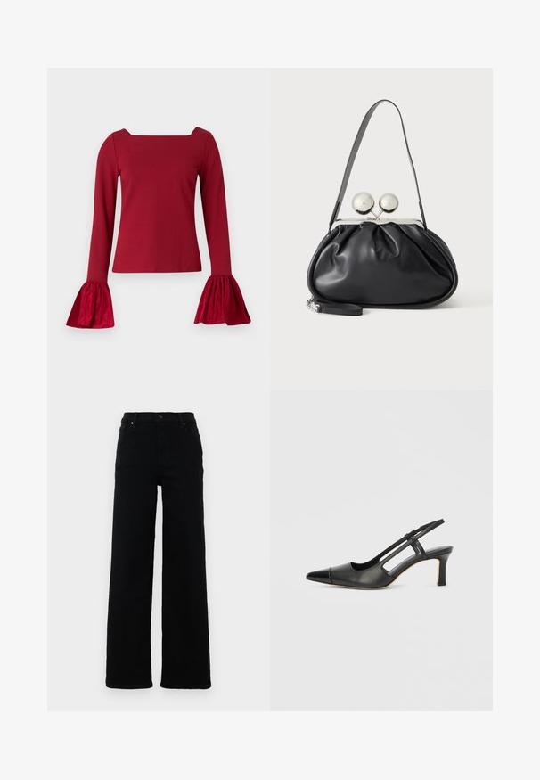Haut rouge à manches longues avec un décolleté carré. Présente des manches évasées et texturées ainsi qu'un corps lisse. Fabriqué en tissu doux.; Jeans noirs taille haute au design droit, en denim. Caractéristiques : passants de ceinture, poches avant et détail de bouton.; Chaussure à bride arrière en cuir noir avec bout pointu, dotée d'un accent brillant sur le bout et d'un talon de hauteur moyenne. Design latéral ouvert.; Sac à main en cuir noir avec un design plissé, une sangle unique, un cadre métallique argenté et deux grandes fermoirs ronds en argent.