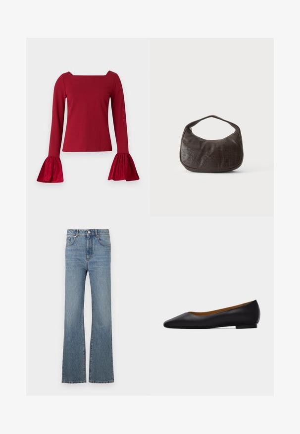 Haut rouge à manches longues avec un décolleté carré. Présente des manches évasées et texturées ainsi qu'un corps lisse. Fabriqué en tissu doux.; Jeans en denim bleu clair avec une jambe évasée, taille haute, poches avant et coutures contrastées. Un design simple avec une fermeture à bouton classique.; Chaussure plate en cuir noir à bout pointu avec talon bas et finition lisse, vue de côté sur un fond gris clair.; Petit sac à main marron foncé texturé avec une courte bandoulière et un fond arrondi sur un fond clair uni.