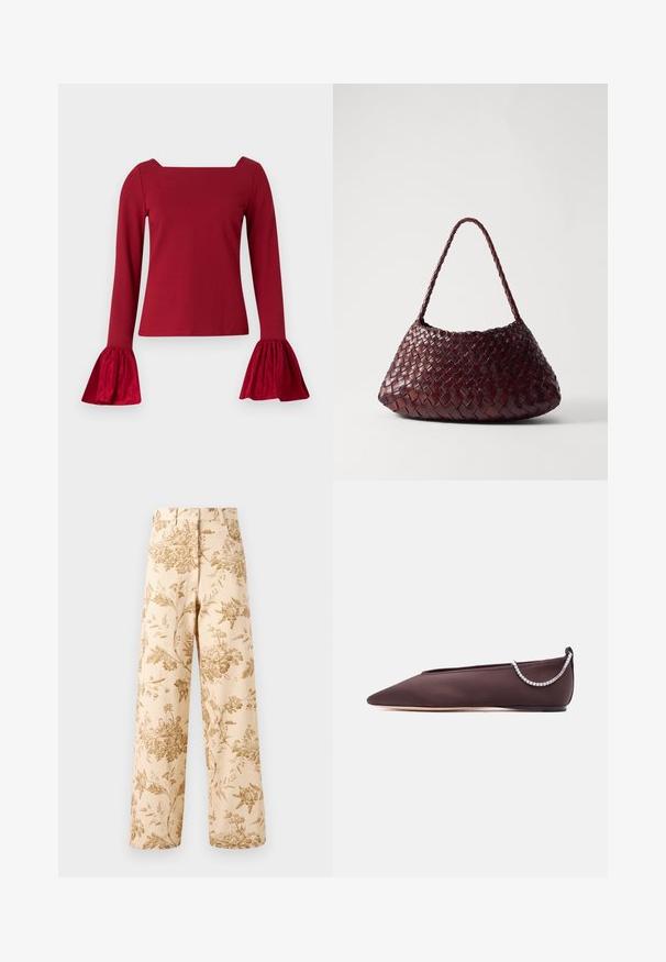 Haut rouge à manches longues avec un décolleté carré. Présente des manches évasées et texturées ainsi qu'un corps lisse. Fabriqué en tissu doux.; Pantalons imprimés floraux en beige avec des motifs dorés complexes, taille haute, coupe évasée, fabriqués en coton léger.; Chaussure plate marron foncé à bout pointu avec un petit talon et un détail chaîne en strass argentée à l'arrière.; DRAGON DIFFUSION ROSANNA - Sac à main - bruciato