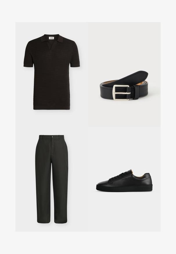 Polo en maille noire à manches courtes avec des rayures horizontales texturées et un col plié avec une ouverture en V.; Pantalon noir droit avec fermeture par bouton et fermeture éclair et passants de ceinture sur un fond clair uni.; Basket basse en cuir noir avec lacets noirs, semelle en caoutchouc texturée et petit logo embossé sur le côté, présenté de profil sur fond gris.; Ceinture en cuir noir roulée avec une boucle en métal argenté rectangulaire visible sur un fond clair uni.