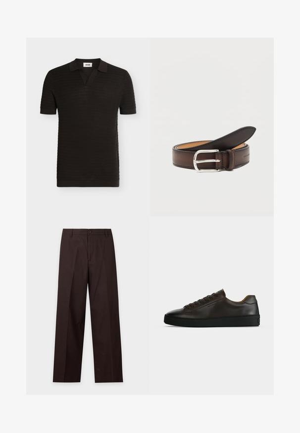 Polo en maille noire à manches courtes avec des rayures horizontales texturées et un col plié avec une ouverture en V.; Pantalon droit marron foncé avec passants de ceinture, fermeture par bouton et pli sur le devant, présenté sur fond blanc.; Baskets basses en cuir marron foncé avec semelle en caoutchouc noire, lacets à l'avant et design minimaliste épuré sur fond clair.; Ceinture en cuir marron foncé roulée avec une boucle rectangulaire argentée sur fond blanc.