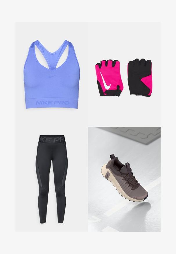 Brassière de sport violette à texture lisse, avec un design de dos croisé et le logo "NIKE PRO" en impression subtile sur la bande.; Leggings de sport noirs avec un panneau latéral texturé, une taille haute élastique avec le logo "NIKE PRO" et une coupe ajustée.; Baskets Nike Free en gris et beige, avec un dessus texturé, une semelle flexible, un système de laçage et une languette au talon pour un enfilage facile.; Gants courts roses avec des accents noirs, arborant un logo Nike blanc, des paumes rembourrées et un design sans doigts pour une meilleure adhérence et flexibilité.