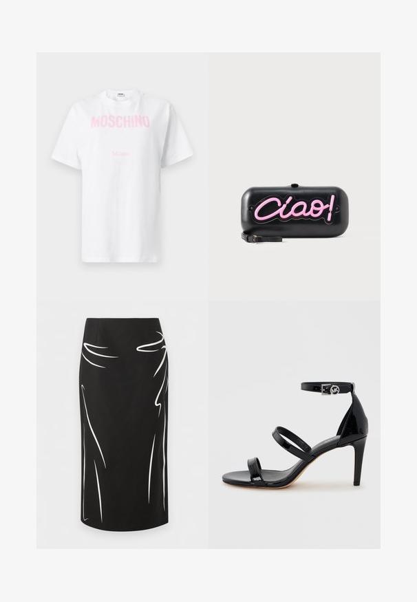 Λευκό βαμβακερό T-shirt με ροζ κείμενο "MOSCHINO" στο στήθος και μικρότερο κείμενο "Milano" από κάτω, με κοντά μανίκια και στρογγυλή λαιμόκοψη.; Μαύρη pencil φούστα μέχρι το γόνατο με λευκές αφηρημένες κυρτές γραμμές στις μπροστινές πλευρές.; Μαύρο σανδάλι από δερμάτινο λουστρίνι με ψηλό τακούνι, τρεις λεπτές λωρίδες και λουρί στον αστράγαλο με στρογγυλή αγκράφα.; Μαύρο ορθογώνιο τσαντάκι χειρός με ροζ φωτεινά γράμματα "Ciao!" σε στυλ νέον και μικρό μαύρο λουράκι καρπού σε λευκό φόντο.