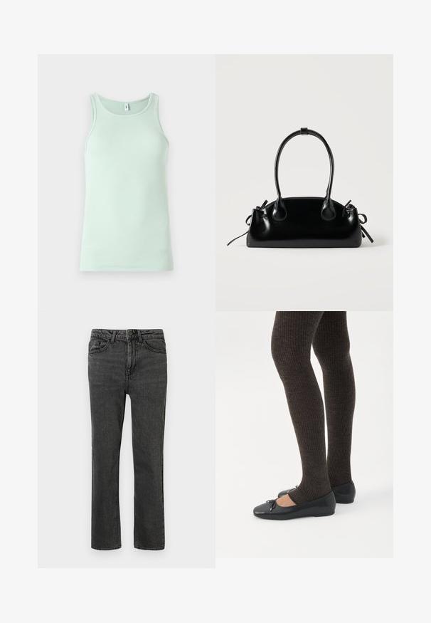 Lys mintgrøn tanktop lavet af ribbet stof. Har en rund halsudskæring og ærmeløst design. Enkel, uden pynt.; Sorte denimjeans med lige ben, der har fem lommer, bæltestropper og lukning med knap foran. Det strukturerede stof viser subtil slitage.; Ben iført mørke ribbede leggings kombineret med sorte balletsko med små sløjfedetaljer på hvid baggrund.; Lille sort blank håndtaske med to lange håndtag og snøre-detaljer i siden på en ensfarvet lys baggrund.