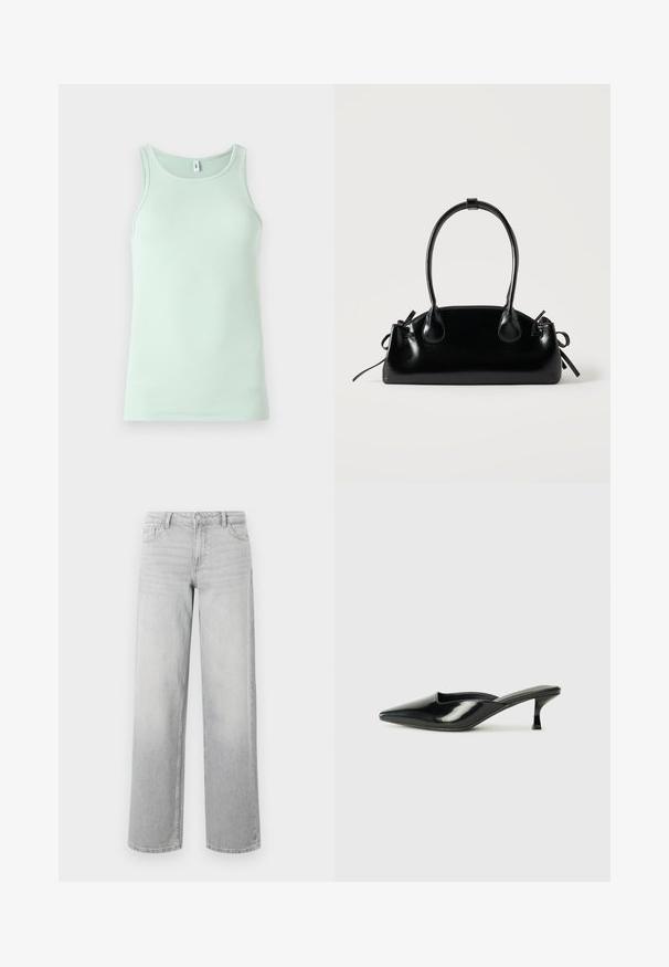 Lys mintgrøn tanktop lavet af ribbet stof. Har en rund halsudskæring og ærmeløst design. Enkel, uden pynt.; Lysegrå brede jeans lavet af denim. Har fem lommer, knaplukning og en subtil falmet struktur for et slidt udseende.; Sorte patenterede lædermules med spids tå, lav kittenheel og buede sider, der har en glansfuld finish og minimalistisk design.; Lille sort blank håndtaske med to lange håndtag og snøre-detaljer i siden på en ensfarvet lys baggrund.