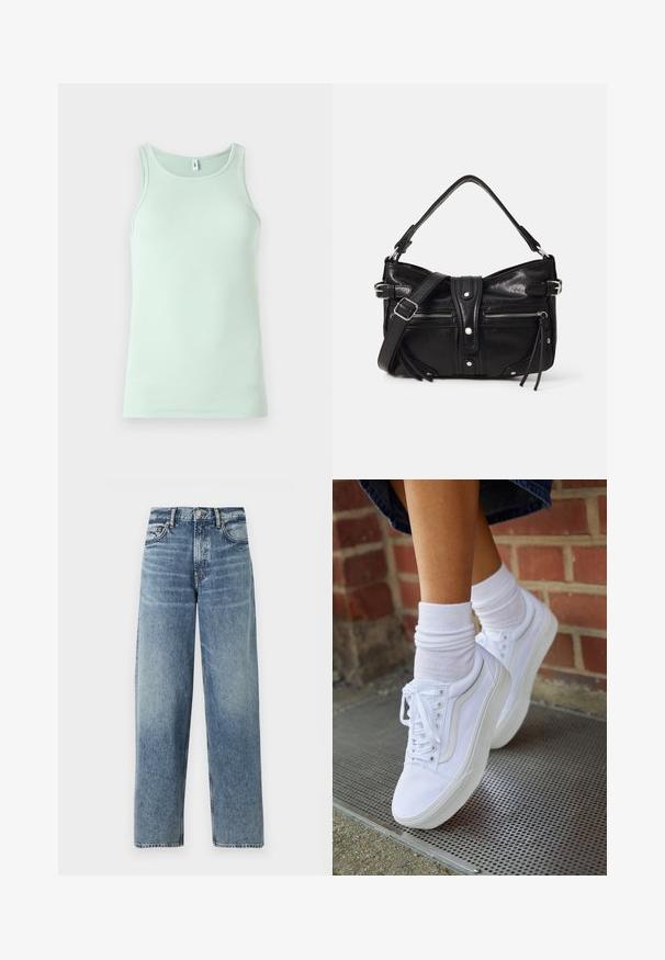 Lys mintgrøn tanktop lavet af ribbet stof. Har en rund halsudskæring og ærmeløst design. Enkel, uden pynt.; Lyseblå denimjeans med lige pasform, høj talje og subtile falmninger. Har fem lommer og knaplukning.; Hvide lærreds sneakers med gummisåler, der har seks snørehuller, rund tå og let sømdetaljer, krydret med hvide ankelstrømper.; Even&Odd H24462 - Håndtasker - black