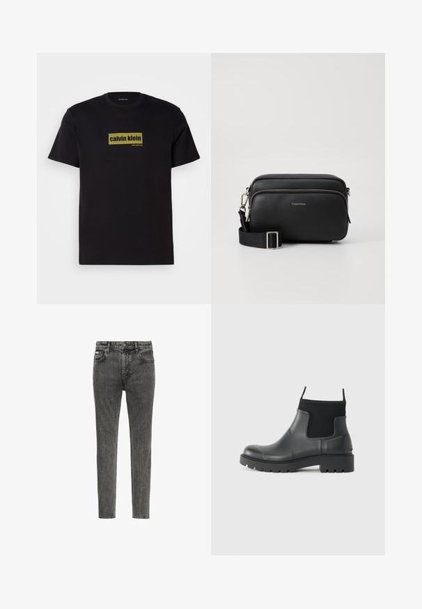 Čierne bavlnené tričko s krátkymi rukávmi, na ktorom sa nachádza obdĺžnikové zelené logo s textom "calvin klein" a "new york city" v tučnom písme.; Slim-fit vyblednuté čierne rifle z denimu s piatimi vreckami, pätkami na opasok a zapínaním na gombíky v páse, zobrazené spredu na bielom pozadí.; Čierne členkové topánky vyrobené z gumy s matným povrchom, s elegantným dizajnom, elastickými panelmi a hrubou podrážkou pre lepšiu trakciu.; Čierna kožená crossbody taška s dvoma zipsovými oddeleniami, textúrovaný povrch, nastaviteľný popruh a strieborné kovové akcenty. Zobrazené logo Calvin Klein.