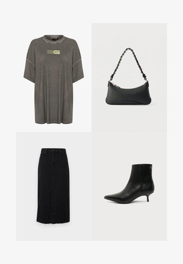 Oversized grijze T-shirt van zacht materiaal met een ronde hals. Bevat een lichtgele logo aan de voorkant en korte mouwen.; Zwarte denim midi-jurk met een rechte snit, voorklep en rafelige zoom. Voorzien van een knoopsluiting en twee zijzakken.; Zwart leren enkellaars met puntige neus en lage kittenhak op lichte achtergrond, zijaanzicht buitenkant.; Zwarte lederen schoudertas met een gebogen rechthoekige vorm, gouden ketting verweven in een gevlochten zwarte band, en een ritssluiting bovenop.
