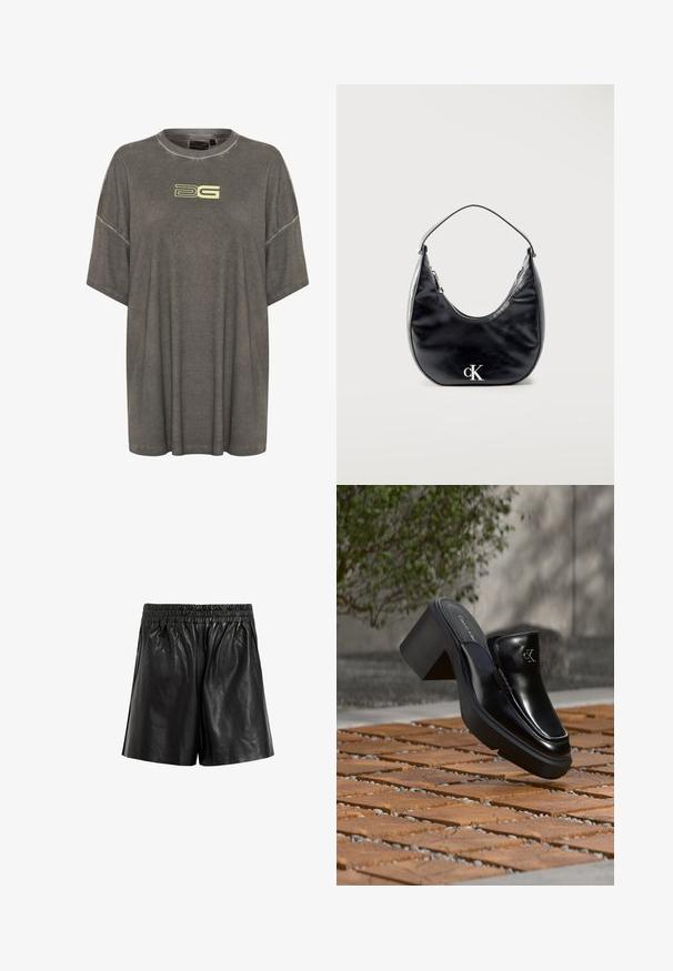 Oversized grijze T-shirt van zacht materiaal met een ronde hals. Bevat een lichtgele logo aan de voorkant en korte mouwen.; Zwarte leren shorts met een elastische tailleband, met een gladde textuur, wijde pijpen en zonder zichtbare zakken of versieringen.; Zwarte leren Calvin Klein slip-on mule met blokhak rustend op houten tegels buiten, vlak bij een groene plant en een grijze muur.; Zwarte leren handtas in halvemaanvorm met korte riem en zilveren "cK" logo aan de voorkant, ritssluiting aan de bovenkant.