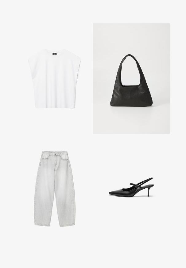 Haut court blanc sans manches à encolure ronde avec épaules larges et étiquette noire "B6" à l'intérieur du col.; Jeans à large jambe de couleur gris clair en denim, avec des poches avant, une taille à bouton et une finition légèrement délavée.; Talons aiguilles noires en cuir avec un bout pointu, une fine bride réglable, et un talon aiguille d'environ 5 cm, texture lisse.; Sac à main en cuir noir de forme triangulaire, avec une grande poignée découpée et des coutures détaillées le long des bords. Texture lisse.