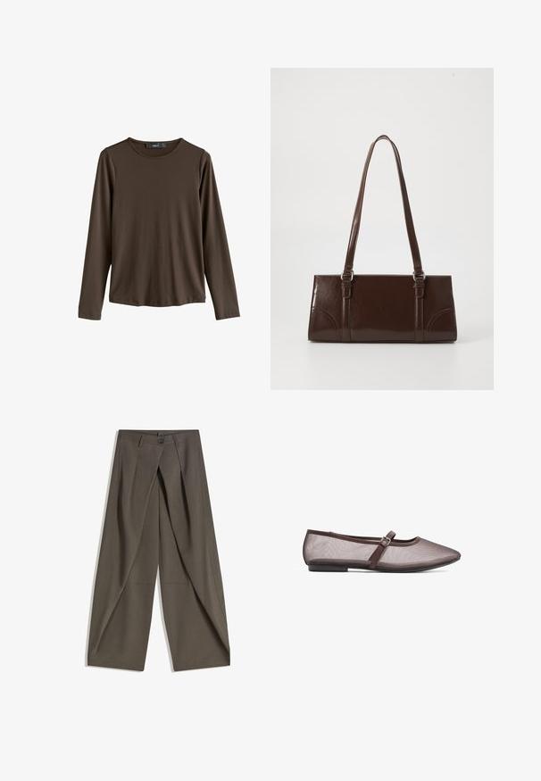 Chemise marron à manches longues en tissu lisse. Elle présente un col rond et un ourlet droit, sans motifs ni accents visibles.; Pantalons à jambes larges en tissu texturé gris foncé. Présente un pli avant, une fermeture par bouton et des poches latérales pour plus de praticité.; Ballerines en maille marron avec un bout rond, une semelle plate et une fine sangle réglable avec une boucle en métal sur le cou-de-pied.; Sac à main en cuir verni marron de forme rectangulaire, avec deux longues poignées et des accents courbés subtils à l'avant.