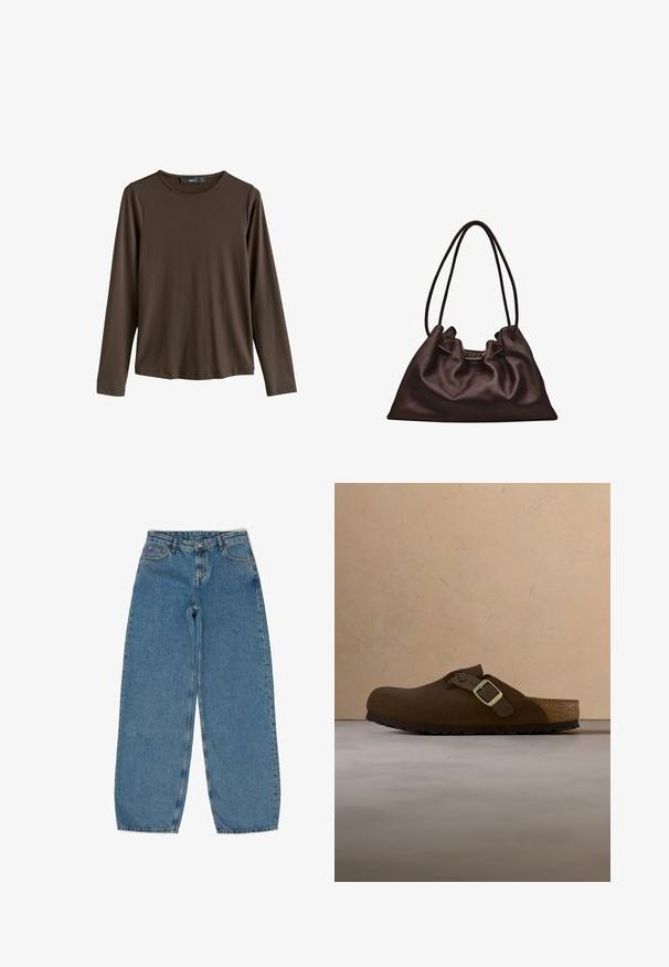 Chemise marron à manches longues en tissu lisse. Elle présente un col rond et un ourlet droit, sans motifs ni accents visibles.; Jeans en denim bleu clair avec une coupe ample, dotés d'une taille à bouton, de cinq poches et d'une décoloration minimale. Design classique à jambe droite.; Chaussure à enfiler en daim marron avec une sangle tressée et une boucle métallique, dotée d'une semelle intérieure moulée et d'une semelle extérieure en caoutchouc texturée.; Sac à main en cuir brun foncé souple avec une forme flasque et deux fines bretelles sur fond blanc.