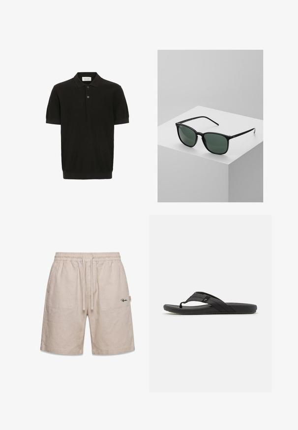 Schwarzes Poloshirt mit kurzen Ärmeln und strukturiertem Finish, drei-Knopf-Leiste und klassischem Kragen. Besitzt einen eng anliegenden gerippten Saum.; Beige legere Shorts mit elastischem Bund, Kordelzug, Fronttaschen und kleinem schwarzem Logo am rechten Bein.; Schwarze Flip-Flops mit einem strukturierten Riemen und einem Logoakzent, flacher Sohle und einem minimalistischen Design mit glatten Kanten.; Schwarze rechteckige Sonnenbrille mit dunkelgrünen Gläsern, ausgestattet mit einem leichten Kunststoffrahmen und silbernen Akzenten an den Bügeln.