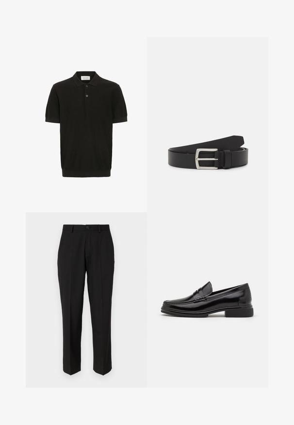 Polo de manga corta negro con un acabado texturizado, tapeta de tres botones y un cuello clásico. Presenta un dobladillo acanalado ceñido.; Pantalones negros de tela suave, con un diseño de pierna recta, bolsillos delanteros, un cierre de botón y sin patrones visibles.; Mocasines de cuero negro con punta redondeada, que presentan un detalle cosido a través del empeine y un tacón bajo y cuadrado. Textura suave y acabado brillante.; Cinturón de cuero negro con hebilla de metal plateado. Presenta una textura suave y un diseño clásico con una sola punta.
