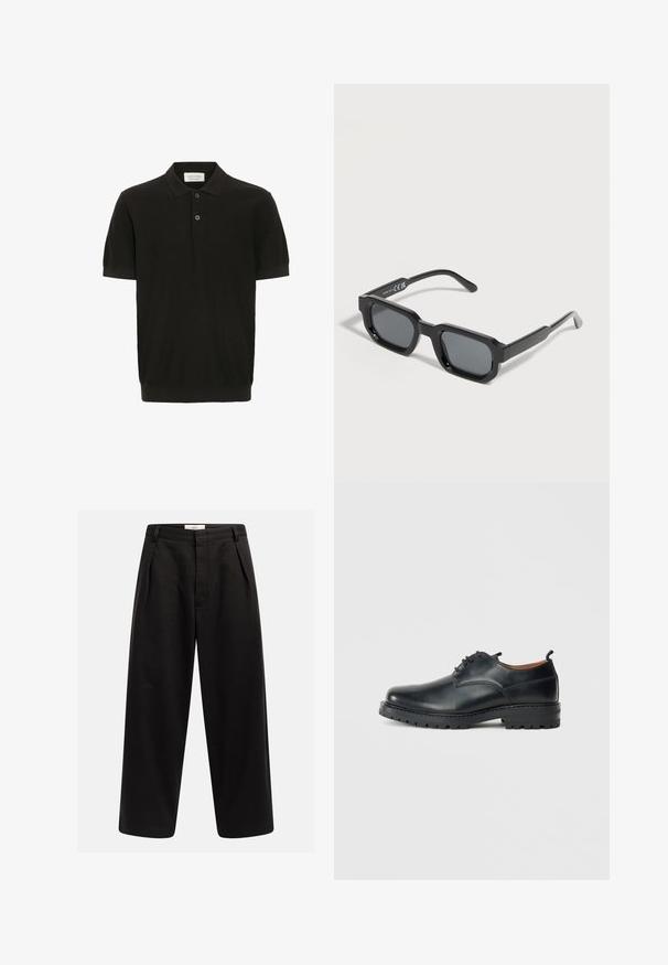 Sort kortærmet polo-shirt med tekstureret overflade, tre-knaps placket og klassisk krave. Har en tætsiddende ribbet kant i bunden.; Sort brede bukser med forkortede plisseringer, bæltesløjfer og en skjult lukning, mærket "Rebel" på taljen.; Sorte læder derby-sko med en glat overflade, rund tå, snøre-design og en tyk, robust gummisål.; Sorte rektangulære solbriller med tykke stel og mørke, tonede linser, vinklet på en hvid baggrund.