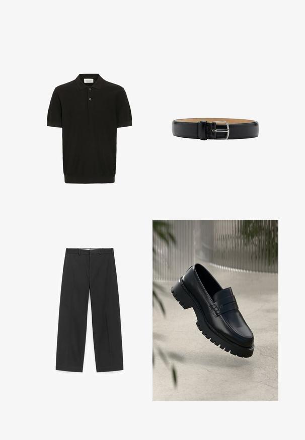 Schwarzes Poloshirt mit kurzen Ärmeln und strukturiertem Finish, drei-Knopf-Leiste und klassischem Kragen. Besitzt einen eng anliegenden gerippten Saum.; Schwarze, weit geschnittene Hose aus glattem Stoff, mit einem Taillenbund mit Gürtelschlaufen und seitlichen Taschen, in einem klaren, minimalistischen Design.; Schwarze Lederloafer mit einer robusten profilierten Sohle, ausgestattet mit einem dekorativen Riemen und einer Stichdetail. Glatte Textur mit einem polierten Finish.; Schwarzer Ledergürtel mit glänzender silberner Metallschnalle, zeichnend durch eine glatte Textur und minimalistisches Design. Das Innere ist hellbraun.
