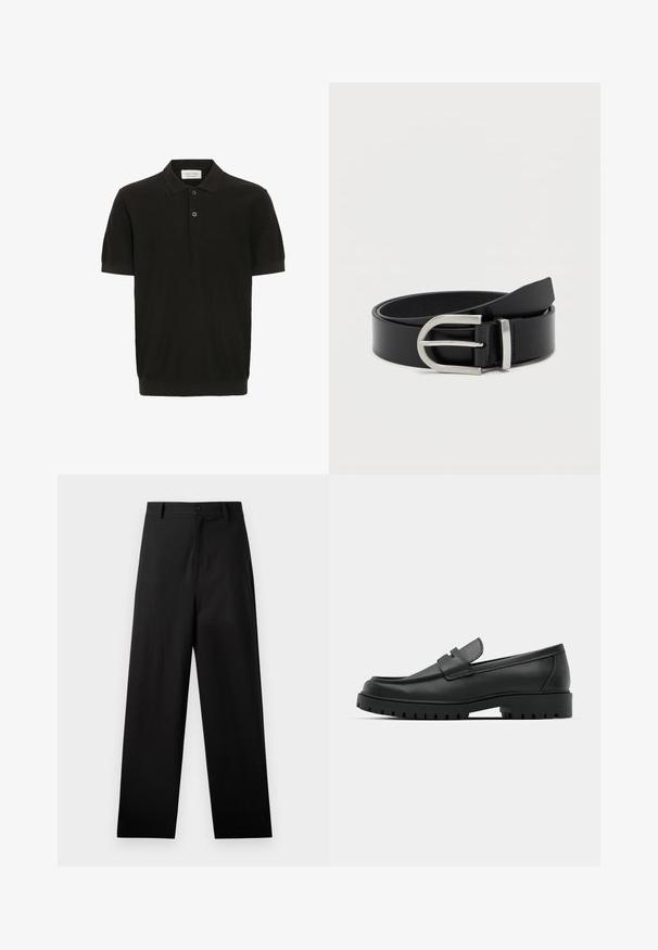 Sort kortærmet polo-shirt med tekstureret overflade, tre-knaps placket og klassisk krave. Har en tætsiddende ribbet kant i bunden.; Sorte bukser lavet af bomuld med lige ben-design, der har en frontknaplukning og sidelommer. Glat tekstur, ingen mønstre.; Sorte læder loafers med rund tå, der har et syet design, lav platformssål og en struktureret, skridsikker gummisål.; Sort læderbælte med en glat overflade, der har en sølvmetalklausul og en klassisk rektangulær form.