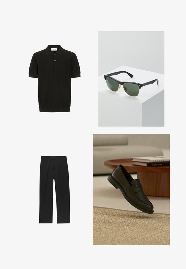 Zwarte polo met korte mouwen en een gestructureerde afwerking, drie-knoopsluiting en een klassieke kraag. Heeft een snug ribbelafwerking aan de onderkant.; Zwarte broeken met een recht model, gemaakt van een gladde stof. Voorzien van een voorplooien en een enkele knoopsluiting bij de taille.; Zwarte leren loafer schoen getoond in de lucht boven een beige geweven tapijt, met een houten tafel en gestapelde boeken in een zacht verlichte woonkamer.; Ray-Ban zonnebrillen met groene lenzen, zwarte plastic monturen en gouden accenten aan de randen. Vierkante vorm met een matte afwerking.