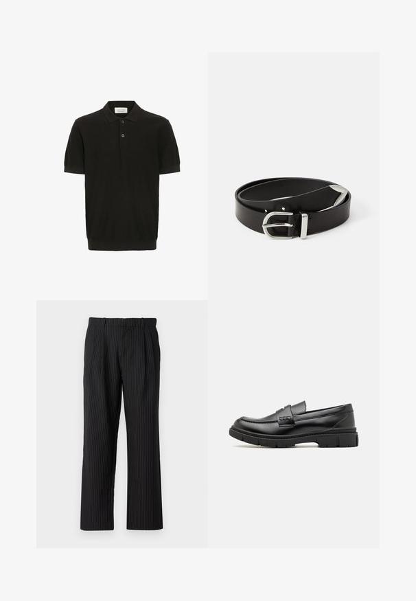 Zwarte polo met korte mouwen en een gestructureerde afwerking, drie-knoopsluiting en een klassieke kraag. Heeft een snug ribbelafwerking aan de onderkant.; Jack & Jones Classic Wide Leg Fit - Broek - black; Zwarte leren instapper met een brede band over de voet, rubberen zool met dikke noppen en een gladde textuur. Klassiek, strak ontwerp.; Zwarte leren riem met een zilveren metalen gesp, met een klassiek ontwerp en een gladde textuur. Inclusief gaatjes voor verstelbare pasvorm.