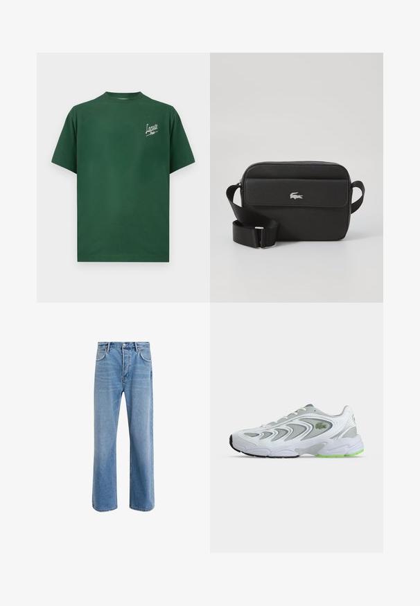 Zelené bavlnené tričko s okrúhlym výstrihom, krátkymi rukávmi a bielym logom "Lacoste Paris" na ľavej strane hrude.; Svetlo modré denimové džínsy so strihom rovného nohu, päť vreciek, zapínanie na gombík, minimálne vyblednutie a kontrastné švy.; Biely a sivý atletický teniska s zelenými akcentmi a logom, sieťovinovými panelmi a hrubou tlmenou podrážkou, zobrazený z boku na jednoduchom pozadí.; Čierna kožená crossbody taška s textúrovaným povrchom, prednou klapkou a strieborným logom. Obsahuje nastaviteľný popruh a obdélnikový tvar.