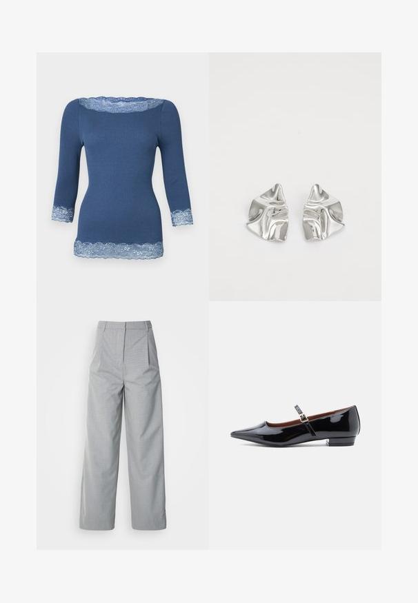 Top de punto acanalado azul con mangas de tres cuartos, que presenta un borde de encaje azul claro en el escote, los puños y el dobladillo.; Pantalones de pierna ancha gris hechos de un tejido texturizado, con una cintura alta, pliegues en la parte delantera y corte recto hasta el dobladillo.; Zapato plano Mary Jane de charol negro con punta afilada y tacón bajo, con una correa ajustable y hebilla dorada.; Pendientes de metal plateado con un diseño ondulado y escultórico, que presentan un acabado pulido y formas irregulares, destacando una estética contemporánea.