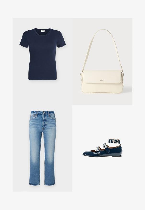 Mørkeblå kortærmet ribstrikket bomulds T-shirt med rund halsudskæring og tætsiddende pasform.; Lyst blå denimjeans med lige ben, der har falmede områder omkring lårene, en knaplukning og standard fem-lomme stil.; Scarosso LINDA PEACOCK - Ballerinasko m/ rem - prune - patent; Cremefarvet læder skuldertaske med flaplukning, sølvfarvet beslag, en enkelt justerbar rem og diskrete logodetaljer.