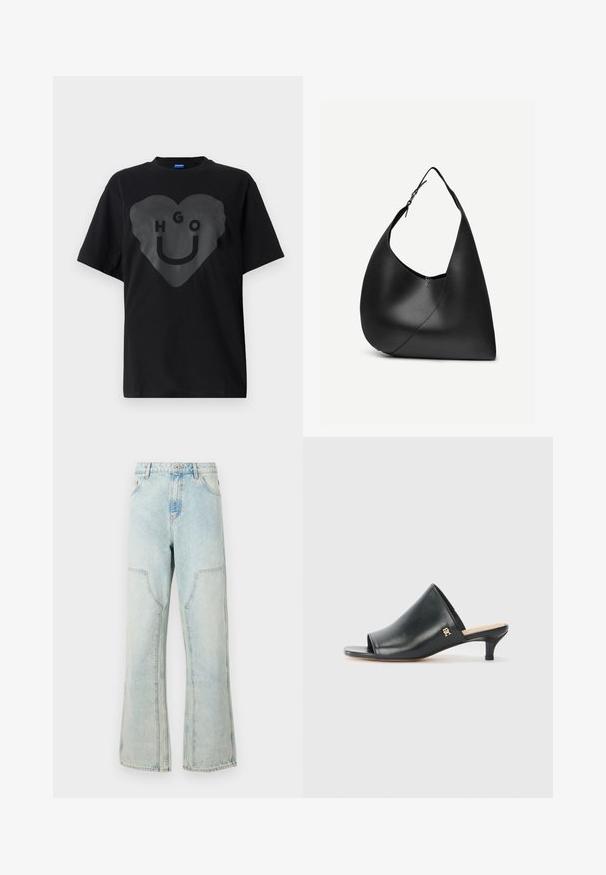 Sort t-shirt, oversized pasform, med en stor hjertegrafik og teksten "HGO" samt en smilende ansigt i blank finish på fronten.; Lyseblå denim jeans med en løs pasform, brede ben og forlommes. Har en knappelukning og bæltestropper.; Sorte læder open-toe mules med en lav hæl. Har en glat overflade og et guld logo-prim på siden.; Sort læder skuldertaske med buet trekantet form, enkelt justerbart rem og synlig diagonal søm foran.