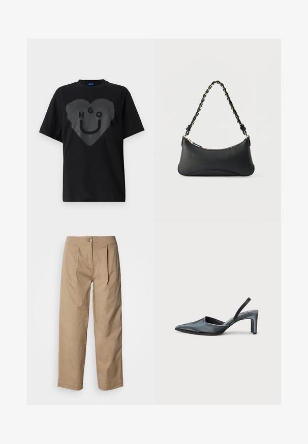 Zwarte t-shirt, oversized pasvorm, met een grote hartgrafiek met de tekst "HGO" en een smiley gezicht in een glanzende afwerking op de voorkant.; Beige, hoogtailles broek met rechte pijpen, plooidetails en een knoopsluiting. Gemaakt van lichtgewicht katoenen stof met een gladde textuur.; Zwarte slingback hak met een puntige neus, een gladde satijnen afwerking en een slanke hak van 7,5 cm. Open zijkantontwerp met minimale stikdetails.; Zwarte lederen schoudertas met een gebogen rechthoekige vorm, gouden ketting verweven in een gevlochten zwarte band, en een ritssluiting bovenop.
