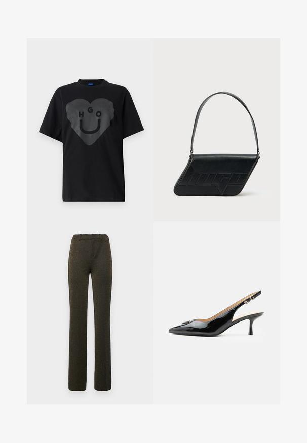 Sort t-shirt, oversized pasform, med en stor hjertegrafik og teksten "HGO" samt en smilende ansigt i blank finish på fronten.; Sorte, flagrende bukser lavet af struktureret stof med gylden glimmer. Har en flad front og bæltestropper. Skåret til en tætsiddende silhuet.; Sort patentlæder slingback hæl med spids tå, lille kitten hæl og sølvspænde på en ensartet hvid baggrund.; Sort skuldertaske i læder med trekantet form, præget logo og en enkelt justerbar rem. Minimalistisk design med glat tekstur.