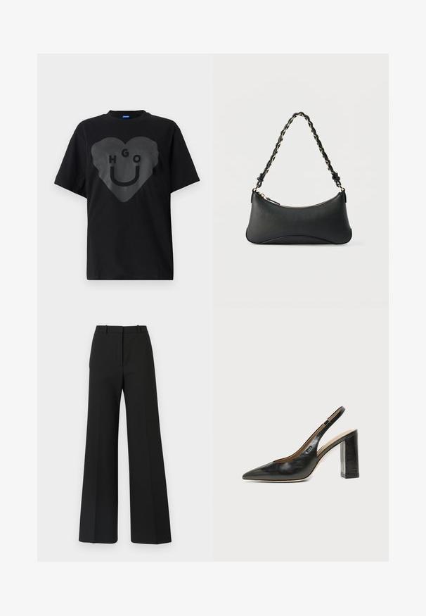 Sort t-shirt, oversized pasform, med en stor hjertegrafik og teksten "HGO" samt en smilende ansigt i blank finish på fronten.; Sorte buks med vide ben og skræddersyet design, der har en glat tekstur og subtile plisseringer foran. Ingen synlige detaljer eller mønstre.; Sort læder peep-toe slingback sko med høj blokhæl og beige indvendig foring mod en ensfarvet lys baggrund.; Sort skuldertaske i læder med en buet rektangulær form, gyldent kæde vævet ind i en flettet sort rem og toplynlås.