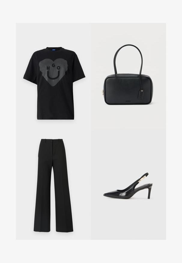 Sort t-shirt, oversized pasform, med en stor hjertegrafik og teksten "HGO" samt en smilende ansigt i blank finish på fronten.; Sorte buks med vide ben og skræddersyet design, der har en glat tekstur og subtile plisseringer foran. Ingen synlige detaljer eller mønstre.; Sort læder slingback højhælede sko med spidse tæer, glat overflade og en smal ankelrem med guldfarvede hardware detaljer.; Sort rektangulær håndtaske med dobbelte runde håndtag, gylden lynlås og præget "HUGO"-logo foran med fastgjort lædermærke.