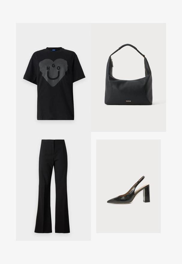 Schwarzes T-Shirt, übergroßer Schnitt, mit einem großen Herz-Graphic auf der Vorderseite, das den Text "HGO" und ein Smiley-Gesicht in glänzender Optik zeigt.; Schwarze ausgestellte Hose aus glattem Stoff, mit hoher Taille, vorderen Bügelfalten und sauberem Saumabschluss.; Schwarzer Leder-Damenslingback-Pumps mit spitzer Zehenpartie und dickem hohem Blockabsatz auf weißem Hintergrund.; Schwarze Leder-Schultertasche mit geflochtenem Griff, goldfarbenem Reißverschlussdetail und kleinem goldfarbenem "HUGO"-Logo mittig vorne.