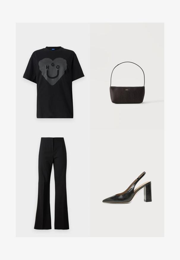 Sort t-shirt, oversized pasform, med en stor hjertegrafik og teksten "HGO" samt en smilende ansigt i blank finish på fronten.; Sorte svingbukser lavet af et glat stof, med højtaljet talje, forreste folder og en ren finish ved sømmene.; Sort læder peep-toe slingback sko med høj blokhæl og beige indvendig foring mod en ensfarvet lys baggrund.; Sort vævet tekstureret håndtaske med enkelt skulderrem og lille guld "BOSS" logo foran i midten.